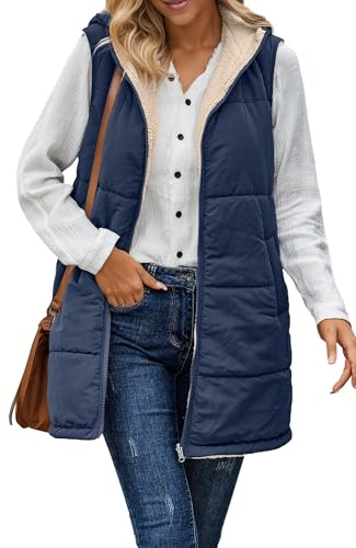 Maeau - Chaleco Larga Cálido Mujer Invierno Reversible Chaqueta Acolchada Sin Mangas Abrigos Largo Cremalleras Chaleco Forro Polar con Bolsillo - Azul marino - M