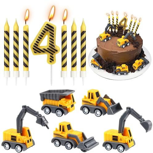 12 Pcs Construction Cake Topper Candle Set, Number 4 for Birthday Partys | Construction Vehicle Cake Toppers, Smokeless Drip-free Candles, Ideal for Building Themed Parties and Celebration Events