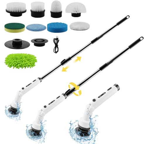 RHHGHY Electric Spin Scrubber Cleaning Brush Kit, with 180° Bathroom Shower Cleaning Brush, with Long Handle/9 Replaceable Brush Heads, Display, Power Scrubber Cordless, for Floor, Bathroom, Kitchen