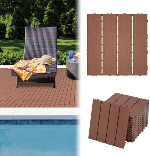 Froadp Baldosas de terraza de 30 x 30 cm, resistentes a la intemperie para balcón, jardín, baldosa con aspecto de vetas de madera, resistentes a la intemperie con función de drenaje (marrón, 33