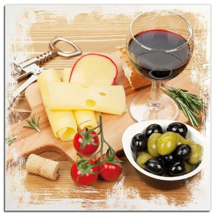 Wallario Wandbild aus Holz Genuss am Abend - Rotwein, Käseplatte, Oliven und Tomaten - 50 x 50 cm in Premium-Qualität: Brillante Farben