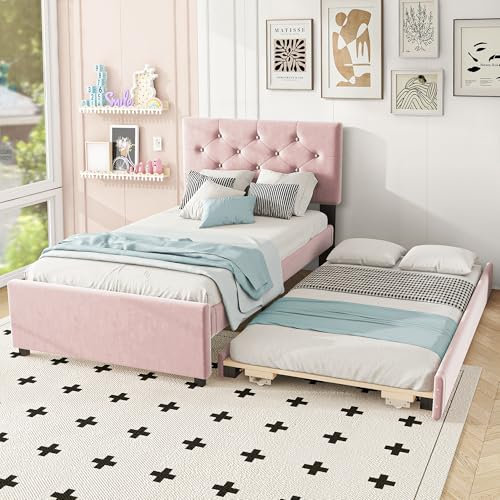 Wyibwy Letto imbottito 90 x 200 cm con letto estraibile,letto singolo con a scomparsa e rete a doghe,tessuto in velluto,per bambini e ospiti,senza materassominimalista,Rosa
