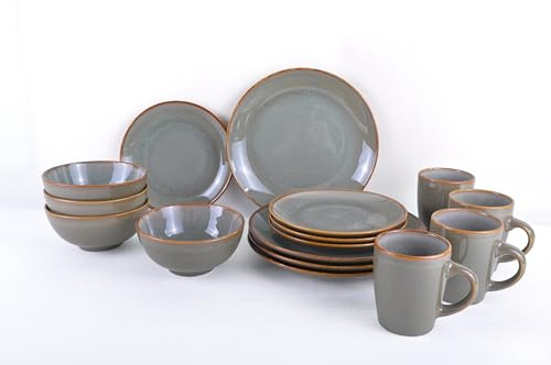 FH - Steingut Geschirr Set - Geschirrset 4 Personen - 16 teilig, Spülmaschinen- und Mikrowellengeeignet - 4 x Becher, Dessertteller, Speiseteller, Schale - Essgeschirr Grau