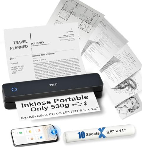 PRT Inkless Portable Printer for Travel, Wireless Thermal Printer Support 8.5 x 11 Inch US Letter A4 B5, Bluetooth Mobile Printers with iOS, Android, Laptop for Home Use, Car, Office, School, Black