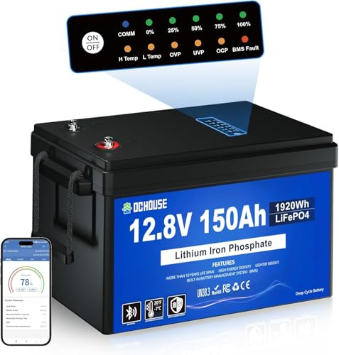 DCHOUSE Batteria Litio 12V 150Ah con Indicatori di Stato di Carica SOC, Bluetooth e Protezione da Bassa Temperatura, Fino a 15.000 Cicli, BMS da 120A Batteria LiFePO4 per Nautiche, Solari e per Camper