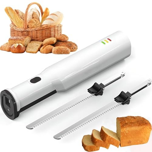 STWBHW Coupe-pain sans fil, coupe-pain et trancheuse à viande rechargeable, avec 2 lames en acier inoxydable de 20 cm, bouton de verrouillage de sécurité, lames de scie alternative