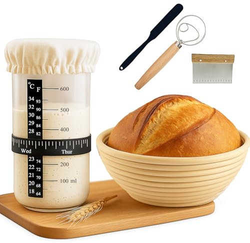 Sourdough Starter Kit, Starter Jar set by Magla, Sourdough Bread Maker Tool Kit Proofing Basket from Natural Indonesian Rattan, Dough Scraper and Danish Whisk, Baking Accessories, Kitchen Accessories
