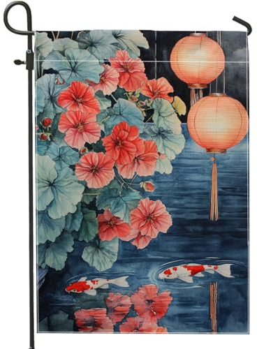 Bandiera da giardino floreale estiva con pesci di carpa, gerani rossi, banner di decorazione per esterni, bandiera in tessuto artistico a doppia faccia per la decorazione del prato della casa, 12