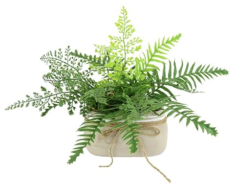 Künstlicher Farnbusch im Topf aus Zement 23x36x30cm Farn Topfpflanze Büsche Pflanzen Blumen wie echt Dekoration Grünpflanze Kunstpflanze Kunstblume exotische Waldpflanze Zimmerpflanze Bad, Topf