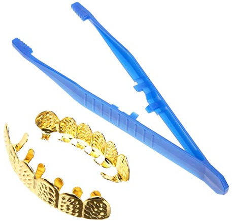 FRCOLOR 1 Satz Goldpraces Schmuck gefälscht Grills Zähne Kappen Punk Zahn Karnevalskostümzubehör Falsche Hosenträger für Kostüme Kostümschmuckspielzeug Rapper Kostümzubehör Metall Golden