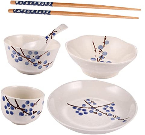 PartyKindom Japanese Style Ceramic Tableware Set for Household, 6pcs Single Dining Set Including Bowl, Dish, Plate, Cup, Spoon and Chopsticks, Blue Plum Pattern