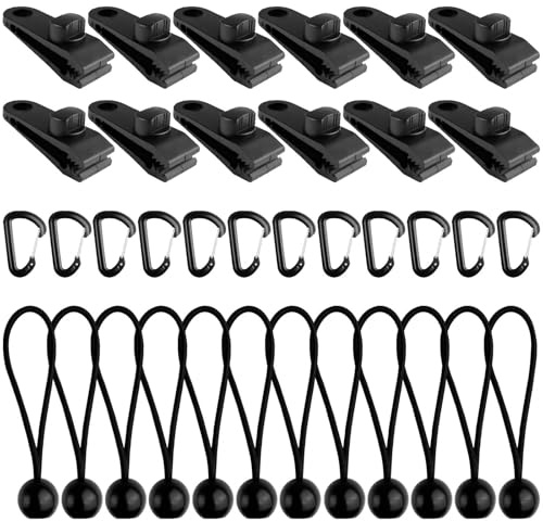 Dromzen 36 Stück Planenklammern, Zeltplanen Spanner,Zeltplane Clips,Schwarz | Zelt Clip, Teiliges Planenclips, Planenspanner Zelt Tarp, Planenclips mit Spanngummi, Panngummis mit Kugel Planenspanner