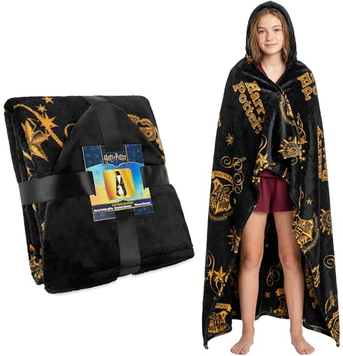 Get Trend bärbar filt för tonåringar och kvinnor, ultramjuk mysig fleece med huva, varm och lätt överdimensionerad fleeceponcho, gåvor till henne, Svart Harry Potter, en storlek