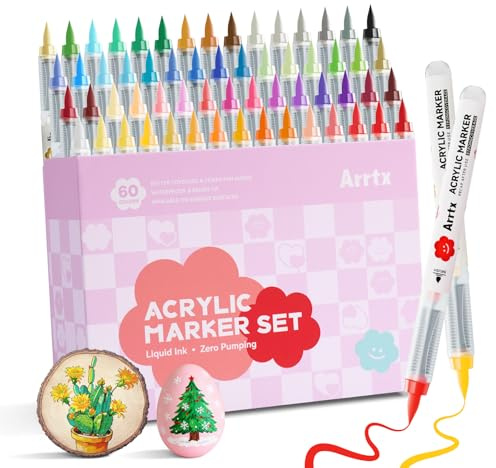 Arrtx Bolígrafos de pintura acrílica de 60 colores para pintura de roca, bolígrafo acrílico con punta de pincel, marcador acrílico, suministros de arte para piedra, vidrio, huevo, madera, manualidades