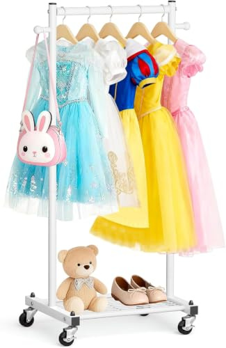 MISSLO Kids Clothing Rack for Small Space Kids Dress Up Storage with Shelf Short Baby Clothes Rack for Hanging Clothes & Dance Costumes Small Garment Rack for Closet, Wardrobe, White