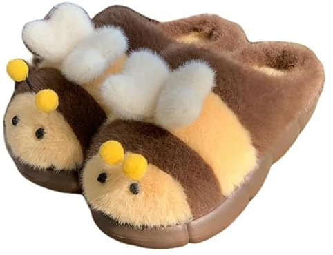SMMZRF Zoccoli Simpatiche Pantofole di Peluche A Forma di Ape, Scarpe Invernali da Donna con Suola Spessa-Giallo-38-39