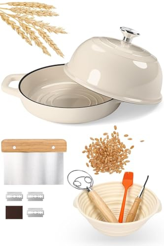 GFTIME Casserole en fonte avec couvercle, 5 quart Dutch Oven, moules à pain avec panier de fermentation, trancheuse, mélangeur à pâte, casserole en fonte pour cuisine, pâtisserie