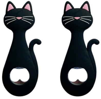 Lot de 2 Décapsuleur en Forme de Chat Cadeau de Décoration pour les Amoureux des Chats Femmes et Hommes Cadeau de Bière d'Anniversaire et de Noël avec Aimant (Noir)