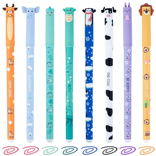 Happara 8 Stück Radierbare gelstifte set Geeignet für Schulen und Büros | Radierbaren Gelschreibern für Kinder, Tier Motiven radierbare Stifte, Einer Auswahl an Tintfarben und Designs