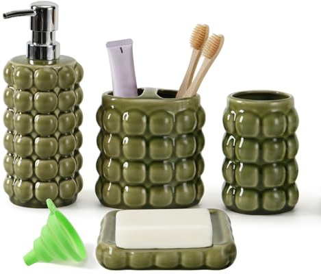 Keramik Badezimmer-Accessoires Set 4-teilig,Seifenspender Zahnbürstenhalter Becher Seifenschale,Bad Accessoires Set mit Kieselstein-Struktur,Modernes Waschbecken Waschtisch Badezimmer (Grün)
