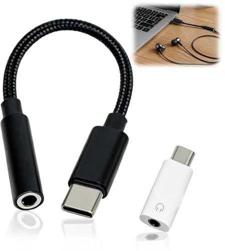 XINML Adaptador USB C a Jack 3.5mm DAC Hi-Fi Audio 2 Piezas Negro Trenzado Blanco Mini Dongle Tipo C Auriculares Conector Auxiliar Control de Llamadas Música para Smartphone Tablet Portátil
