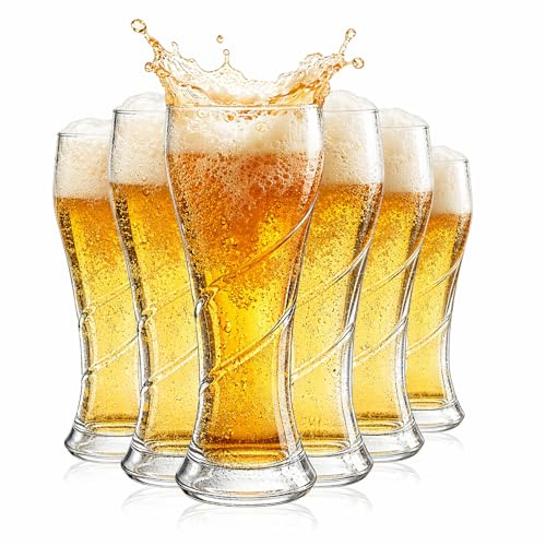 TOLASTO Beer Glasses Set of 6, 400ml Spiral Pint Glasses, Lead-Free Beer Glass Cups, Dishwasher Safe Drinking Glasses for Lager, Ale, IPA, Cocktails & Soft Drinks