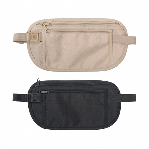 2 Pack Travel Money Belt for Men & Women, Slim Hidden Waist Wallet Under Clothes, Anti-Theft Security Pouch with Dual Zippers for Passport, Cash and Mobile Phone, Holiday Travel Essentials (Black & Be