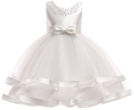 Blomklänningar för flickor, bröllop, fest, parad, prinsessklänning, Vit, 4-5 år