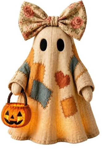 Upplyst vintage lappverk spökprydnad, upplyst spöke med pumpa lykta halloween dekoration, vintage lappverk spöklampa, rustik höstfigur för mantel, hyllor, hall och veranda