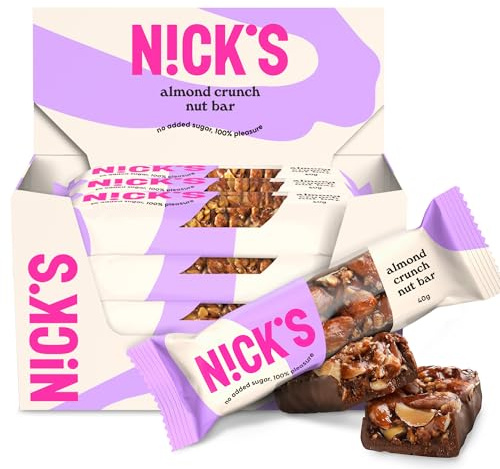 NICKS Almond nut bar, barrita vegana de almendras y frutos secos con keto chocolate sin azúcares añadidos, sin gluten (12x40g)