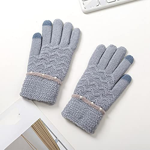 Damen-Strickhandschuhe, Winter-Touchscreen-Handschuhe, Gestrickte Gepolsterte Damenhandschuhe, Warmes Kurzes Plüschhandgelenk, Perlendekoration, Warme Freizeit-Außenreiten Kalte Handschuhe,Blau,E