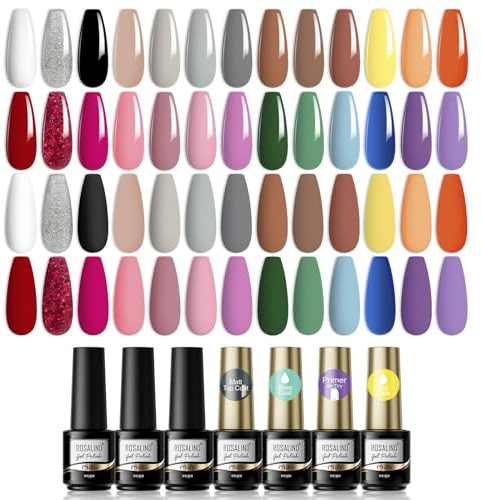 ROSALIND 26 Färger Gel Nagellack Set, Vit Svart Nude Brun Röd Rosa Lila Glitter Silver Färg, 7ml Gel Nail Polish med Primer Baslack Top Coat Matt Topplack, Använd med UV LED Lampa, Manikyr Kit 30pcs