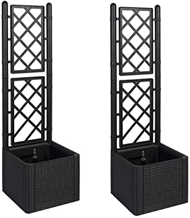 Kreher 2 Stück Rankgitter, Spalier mit Pflanzkasten in Rattan-Design aus robustem Kunststoff in Anthrazit/Grau. Maße BxTxH in cm: 43 x 43 x 142 cm. Topp für Garten, Terrasse und Balkon!