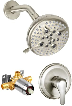 KINSE Shower Valve and Trim Kit, Shower Faucet Set With 5 Inches Rain Shower Fixtures, 5-Spray Shower Head and Faucet Set, Single Handle Control Shower Faucet Set with Valve (BrushedNickel）