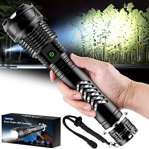 Lampes de poche LED rechargeables, 150 000 lumens haute luminosité, lampe de poche tactique XHP160.2 avec zoomable, 5 modes et étanchéité IPX65, puissante lampe de poche pour le camping, la randonnée,