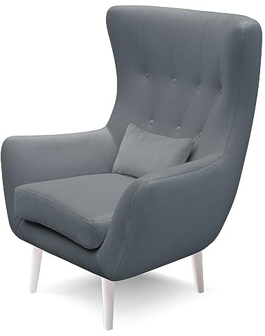 Robin Inspire Luis Sessel Ohrensessel für Wohnzimmer Möbel Einzelsessel Fernsehsessel mit geknöpfter Polsterung Lesesessel mit Kissen Relaxsessel Modern 82x90x112 cm Kühles Grau Füße Weiß