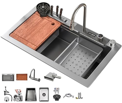 grå 1 handfat diskbänk med vattenfall, 80 × 45 cm arbetsplats LED-vattenfallskran, glidande skärbräda och högtryckskopp, kompakt och multifunktionell