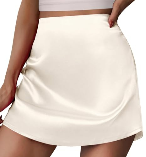 Women's Mini A Line High Waist Zipper Satin Ribbon Lined Skirt - White