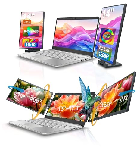 XJCIX 14-tums 1200P FHD Bärbar Tredubbelskärms-skärm för Laptop 1920x1200 IPS med USB-docka, för 13-17 Bärbar Dator Skärmutvidgare Monitor Bildskärm Resor Kontor Hem Kompatibel med HDMI USB-A USB-C