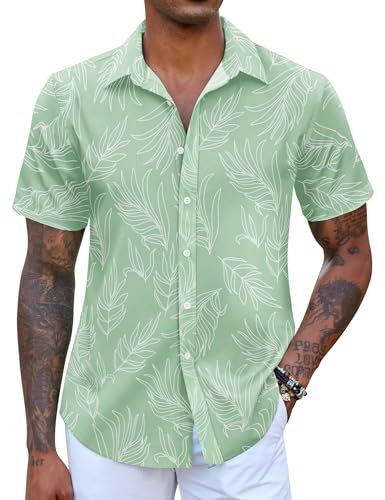 COOFANDY Herren Hawaiihemd Kurzarm Sommerhemd Button Down Hemden Männer Urlaub Strand Hemd hellgrün M