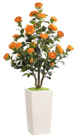 Romantic Season 4FT Artificial Camellia Tree with White Tall Planter, Orange Faux Camellia Plant Flower Tree for Modern Home Office Living Room Floor Décor Outdoor Indoor，Orange