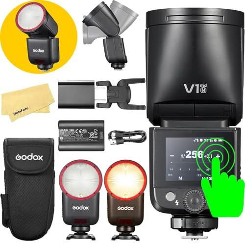 GODOX V1 Mid N Godox Flash for Nikon Flash Speedlight,55Ws 2.4G TTL Camera Flash for Nikon,Touchscreen Control,7.2V/2200mAh Lithium Battery,1.7s Recycle Time,650 Full Power Flashes,LED Modeling Lamp