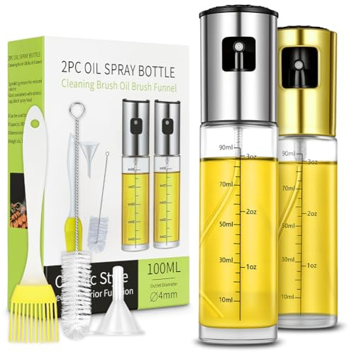 OSDUE Oljespruta, set, 2 st, 100 ml oljespray i rostfritt stål, oljespray för kök, bakning, airfryer, grillsallad, silikonborste, rengöringsborste och tratt