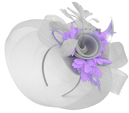 Caprilite Feather Flower Fascinator Hat Veil Net Headband Clip Ascot Derby Races Wedding (Silver and Lilac)