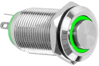 WITTKOWARE 14mm Metall-Druckschalter, Einbau-Ø 12mm, IP67, mit LED-Ringbeleuchtung (5-14V), 1x EIN/AUS (2A/250V~), Lichtfarbe grün