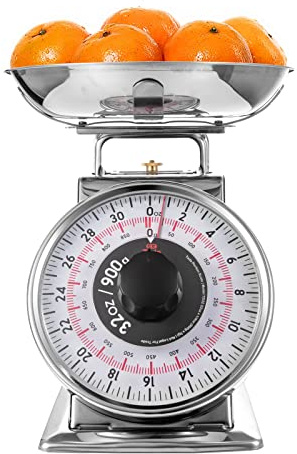 Tada 2 Pound Precise Portions Analog Food Scale 32 Ounces Stainless Steel Mechanical Kitchen Scale Removable Bowl, Tare Function, Retro Style, Kitchen Friendly