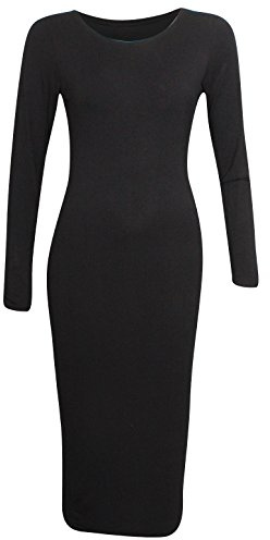 Candid Styles New Womens Ladies Summer Long Sleeve Stretch Plain Bodycon Midi Maxi Dress 8-26, S/M 8-10, Black