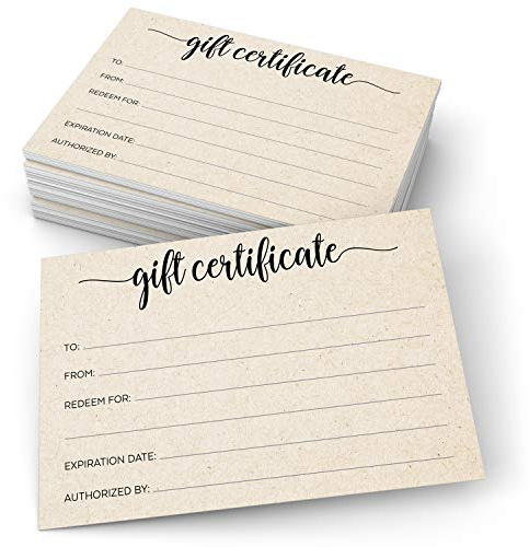321Done Rustic Gift Certificates – Made in USA (24 Cards) Blank Fill-in Vouchers Simple Kraft Tan Write-in Generic 4x6 Small Service Business, Beauty Spa, Salon, Holiday Birthday Anniversary Coupon