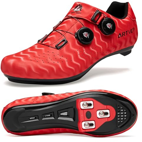 ARTVEP Chaussures de Cyclisme pour Hommes Chaussures de vélos de Route pour Femmes compatibles avec Look SPD SPD-SL Delta Cleats Chaussures Indoor/Outdoor Rayures Rouge EU41