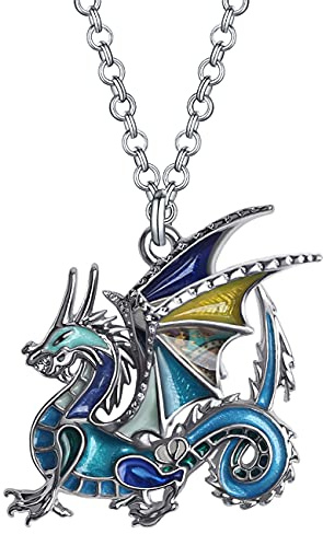 BONSNY Enamel Metal Fantasy Dragon Dinosaur Necklaces Pendant for Women Jewelry Lucky Symbol (Blue)